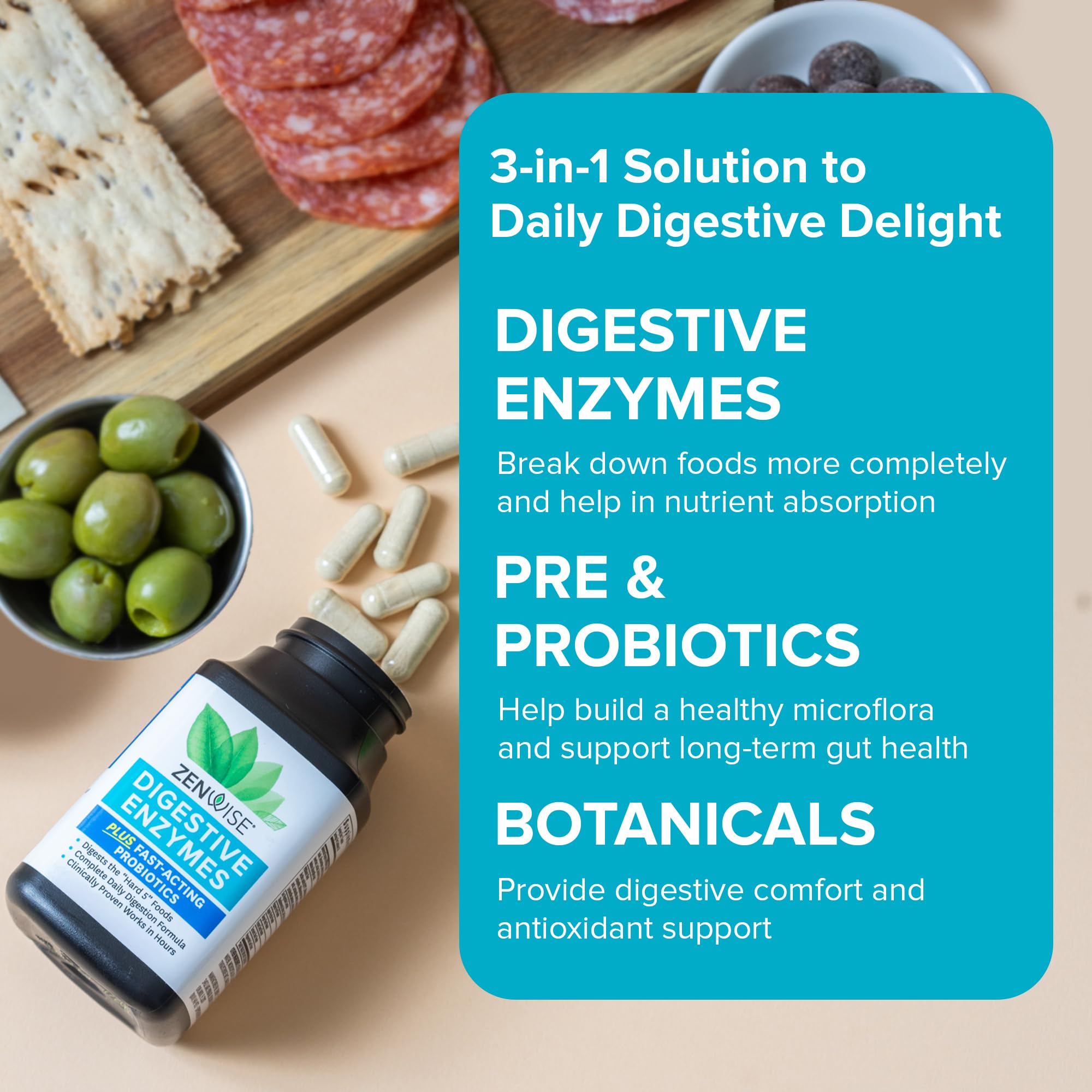 Zenwise Health Digestive Enzymes label detail highlights plant-based, 180-count bottle.