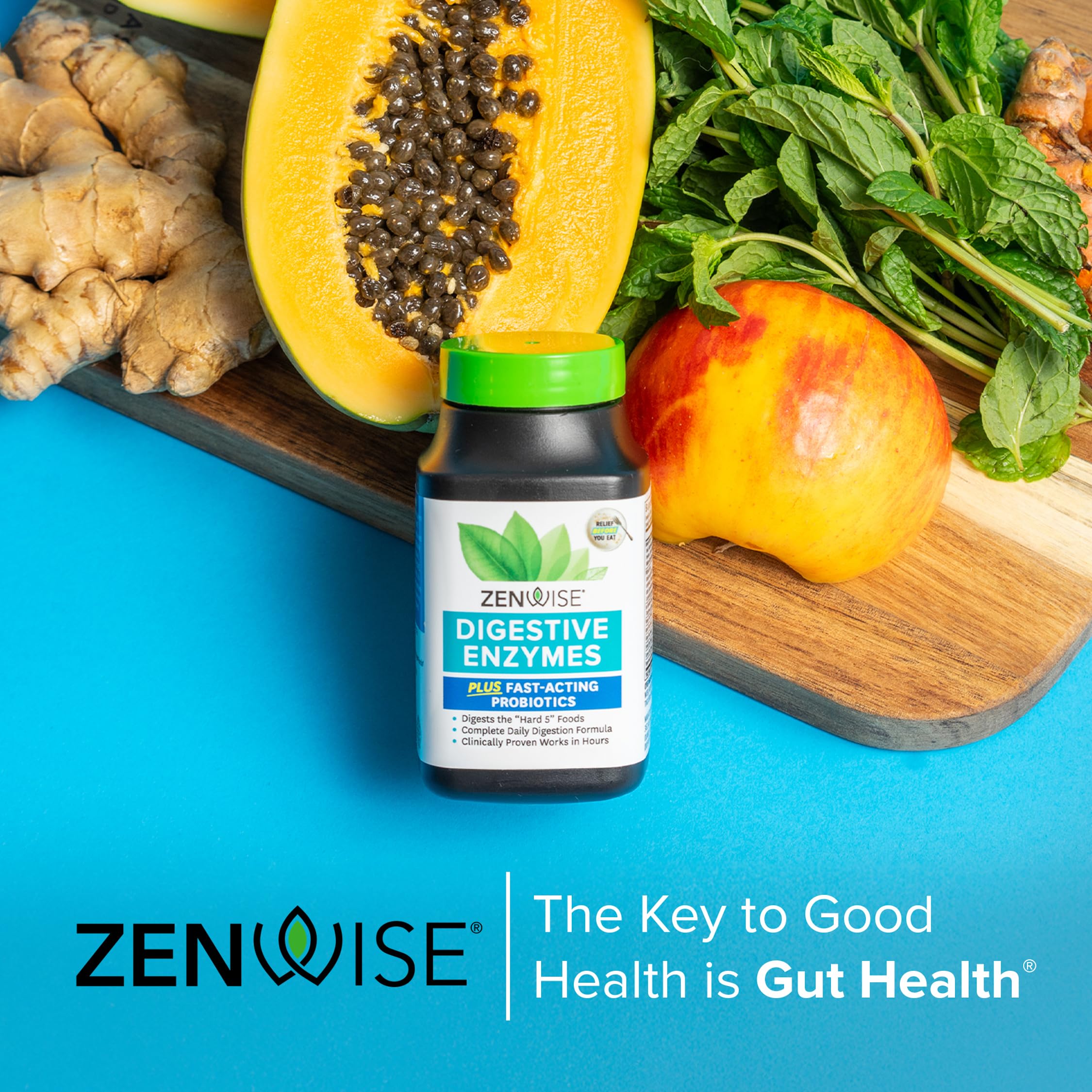 Zenwise Health Digestive Enzymes packaging art conveys natural plant-based digestion support.