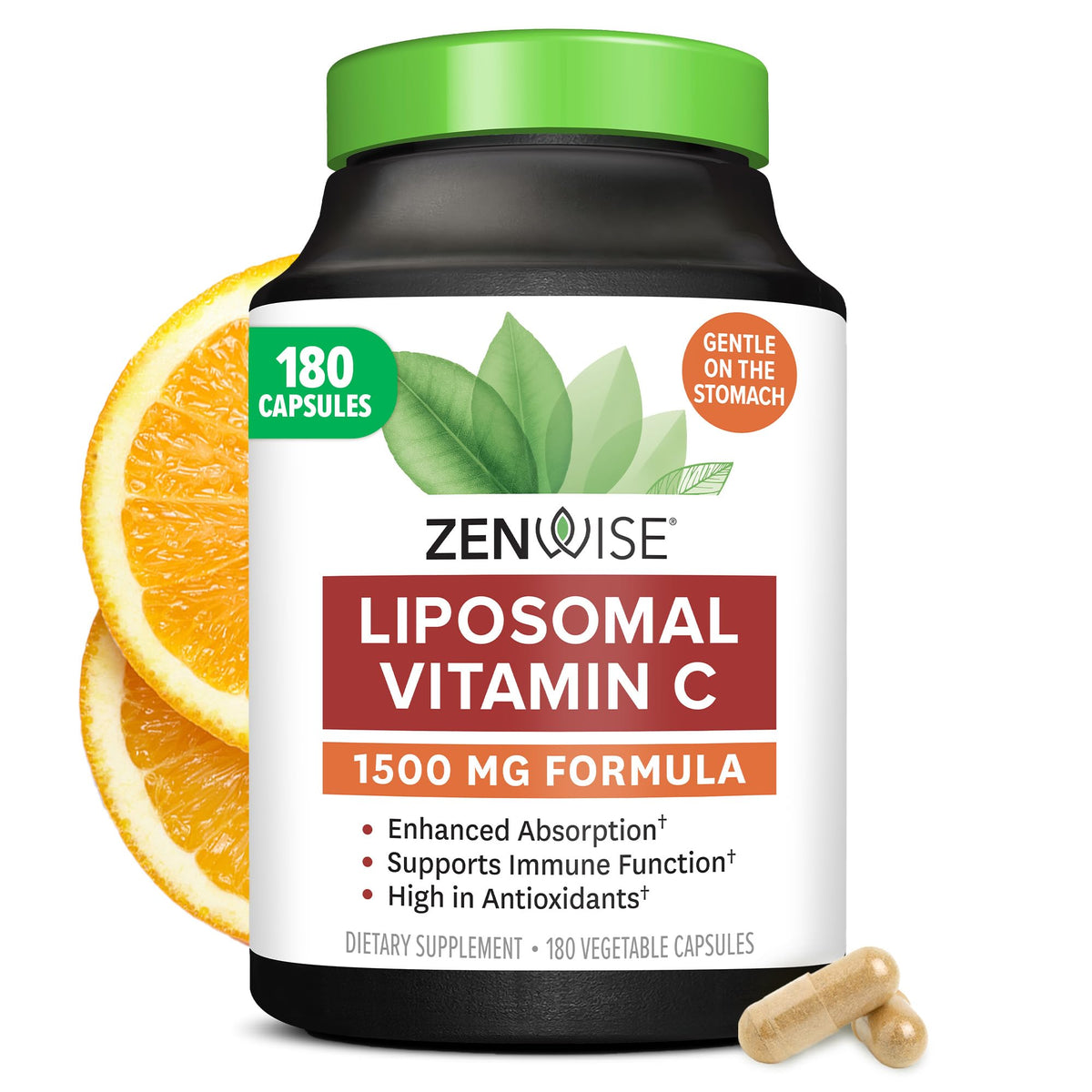 Zenwise Health liposomal vitamin C bottle highlights enhanced absorption for immune support