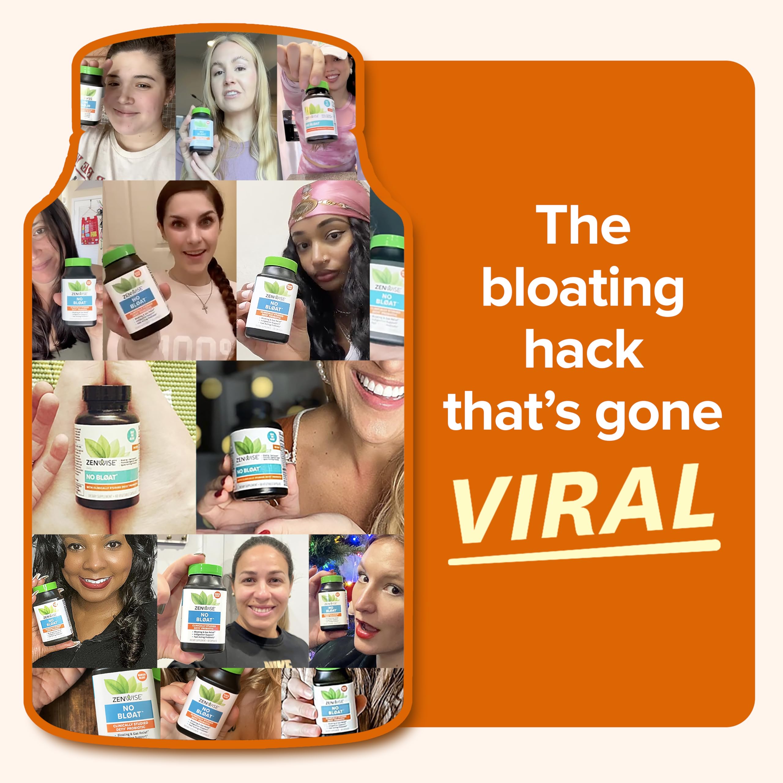 Zenwise No Bloat capsules poured, convenient daily relief from gas and bloating.