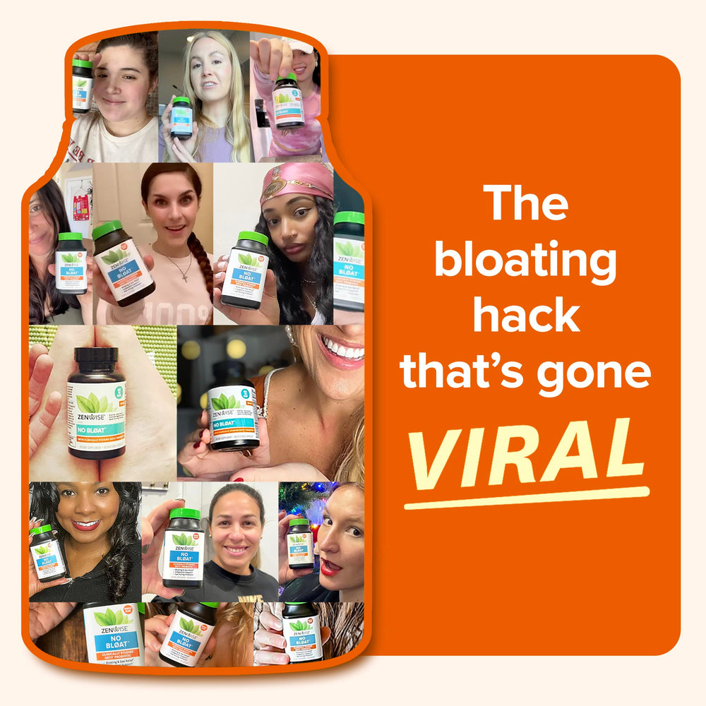 Zenwise No Bloat capsules poured, convenient daily relief from gas and bloating.