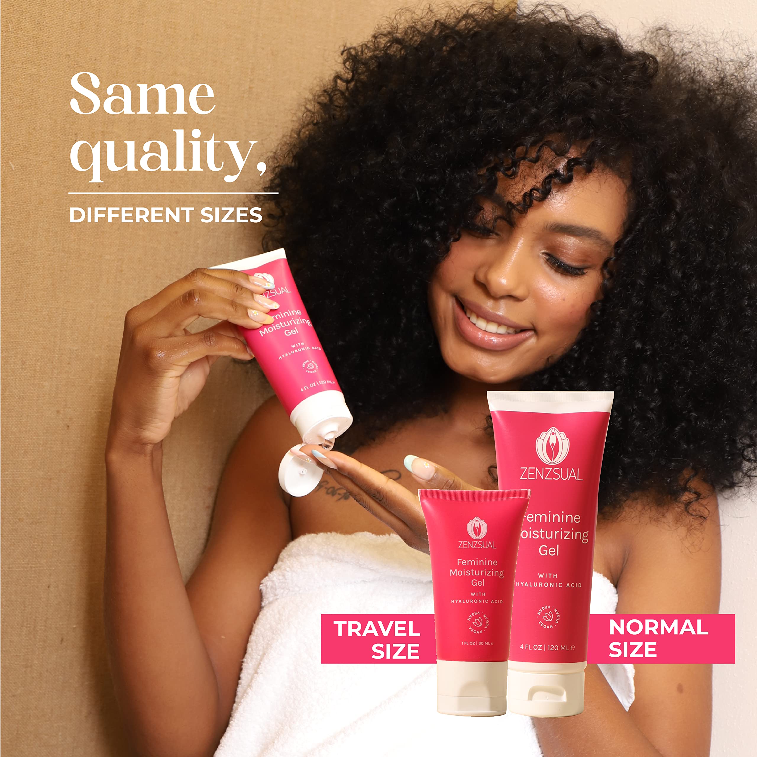 ZENZSUAL fragrance-free vegan labeling emphasizes hormone-free, external hydration.