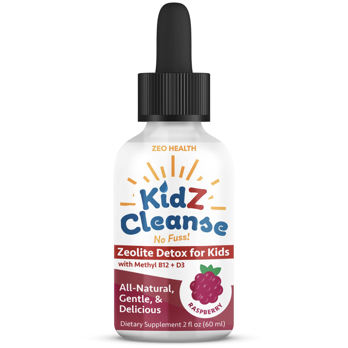 Zeo Health KidZ Cleanse bottle label shows kid-friendly detox formula.