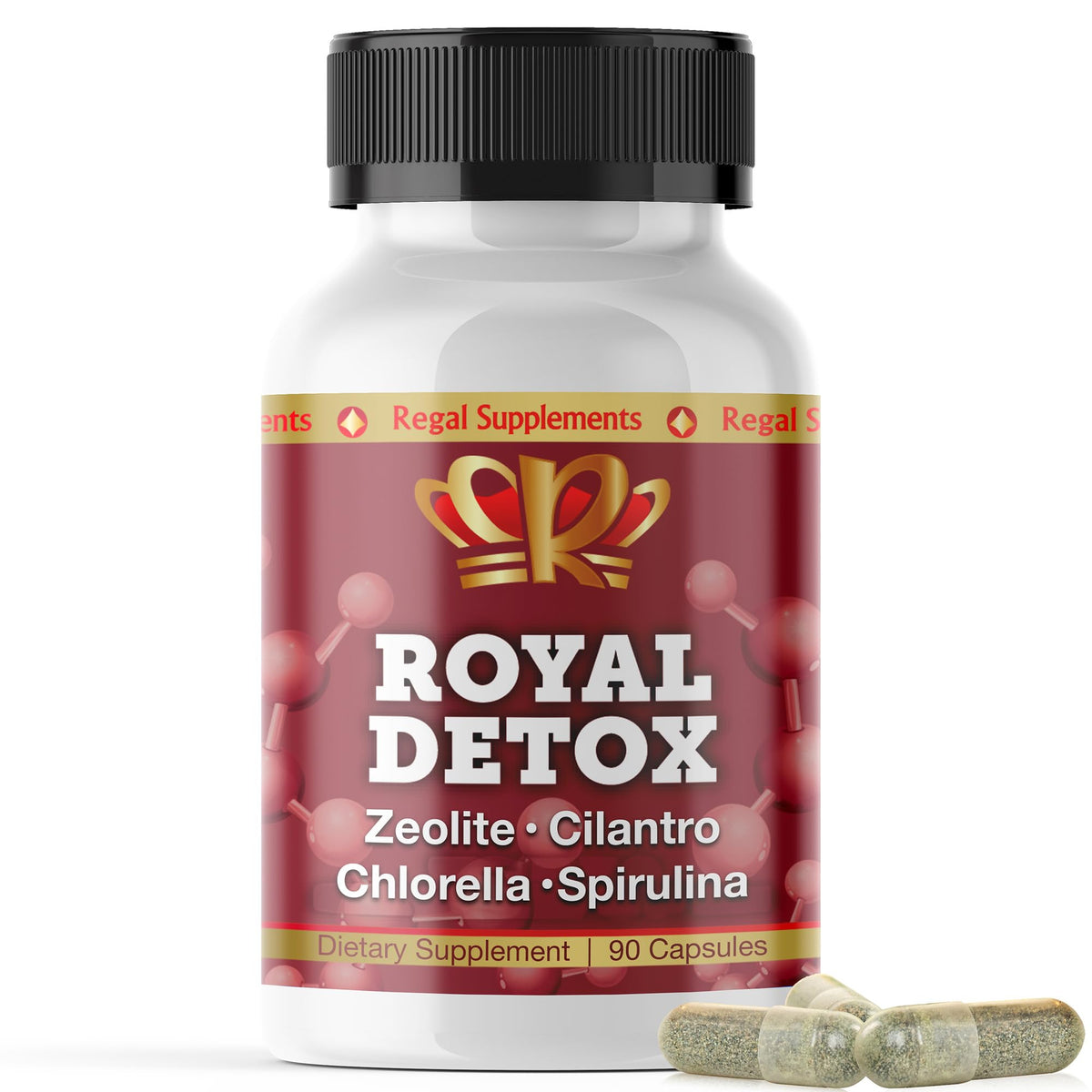 Zeo Health Royal Detox bottle close-up highlighting capsules for a potential full-body cleanse.