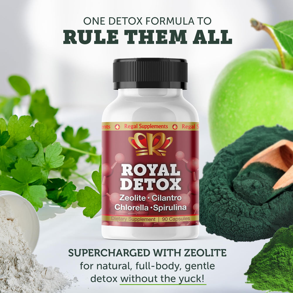 Zeo Health Royal Detox ingredients blend visual, emphasizing chlorella, cilantro, and zeolite.