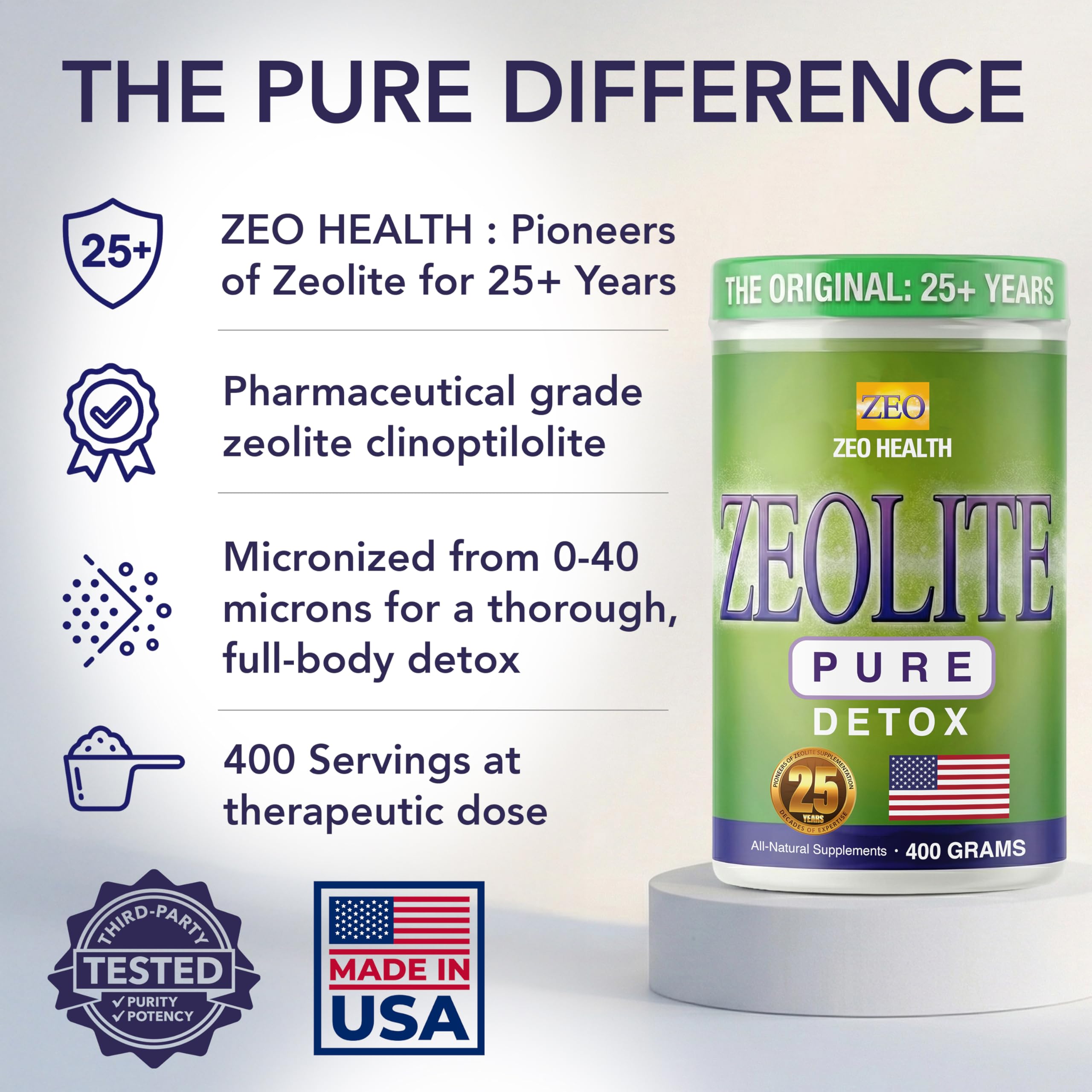 Zeo Health Zeolite Pure packaging display showcasing the original detox powder