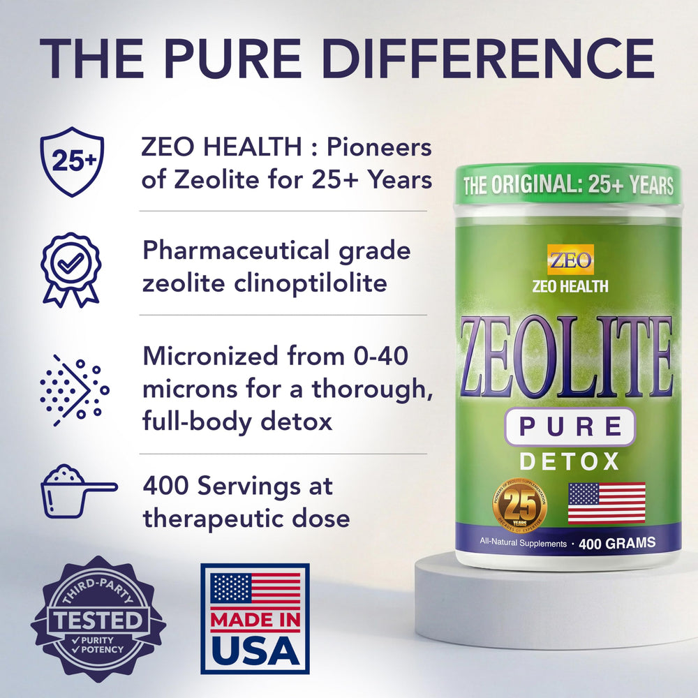 Zeo Health Zeolite Pure packaging display showcasing the original detox powder