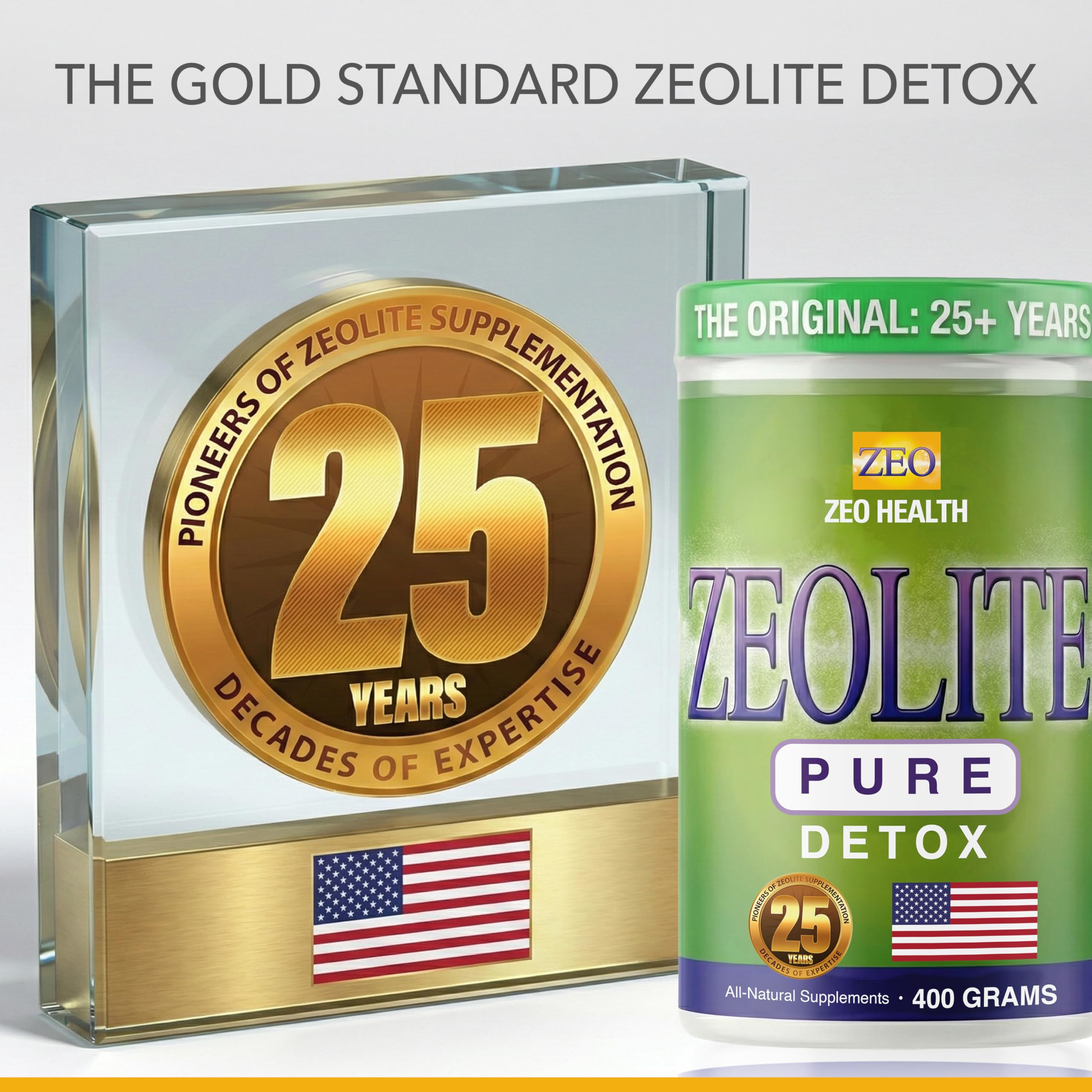 Zeo Health Zeolite Pure powder jar and glass of water for use