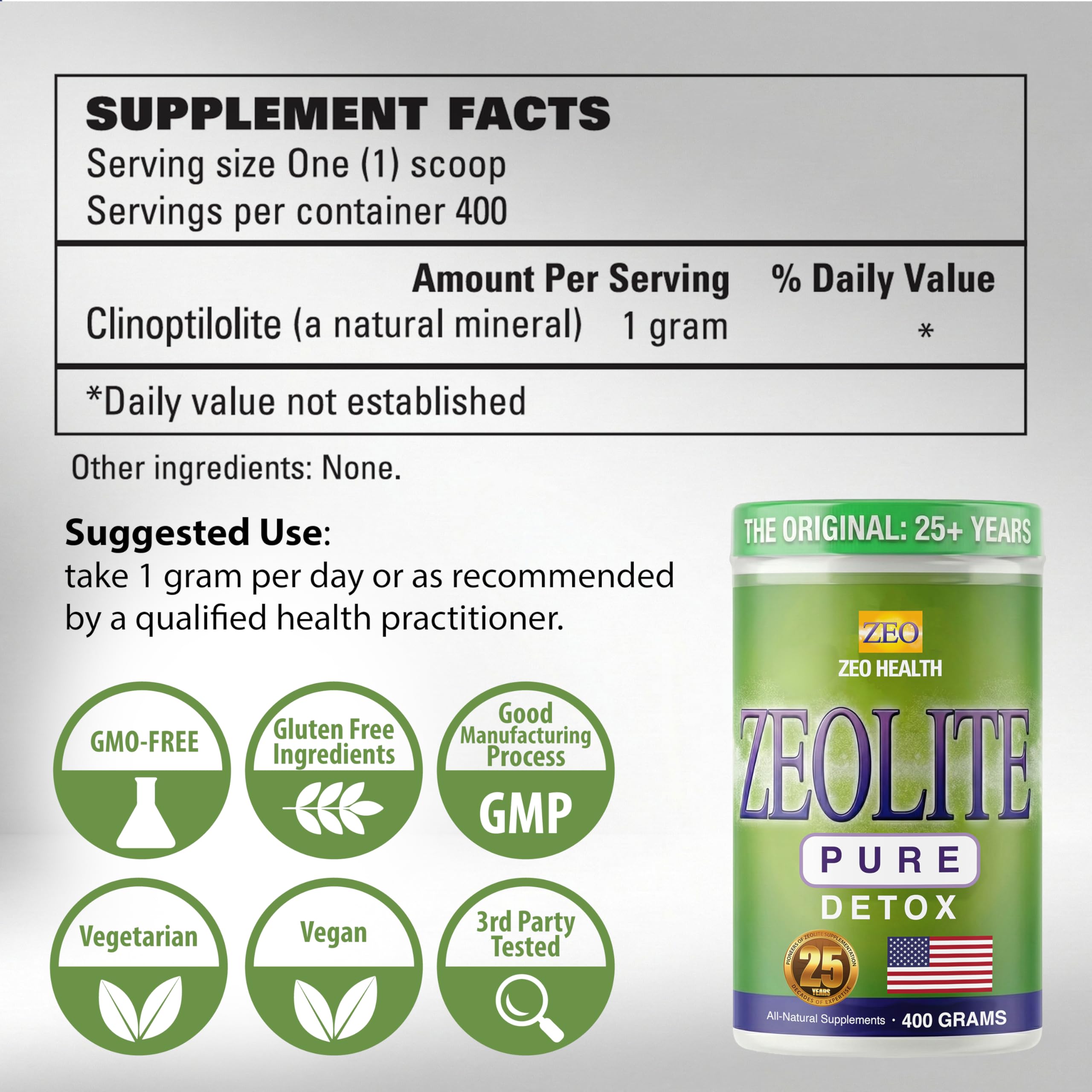 Zeo Health Zeolite Pure close-up of scoop mixing powder into a drink
