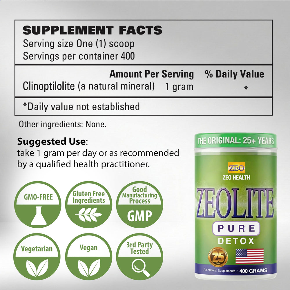 Zeo Health Zeolite Pure close-up of scoop mixing powder into a drink