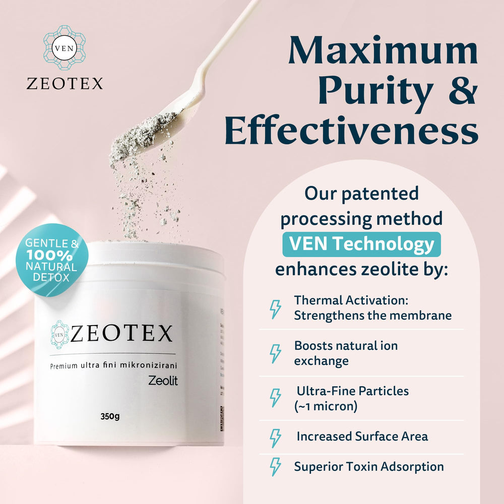 Zeotex VEN technology activated zeolite packaging signaling advanced detox properties