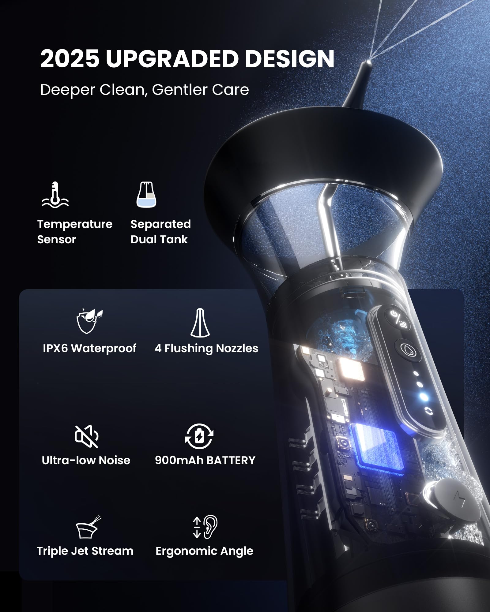 Zephronic four-pressure modes offering gentle to strong irrigation