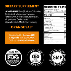 Zerospike orange-flavor dissolves in water for refreshing electrolyte support.