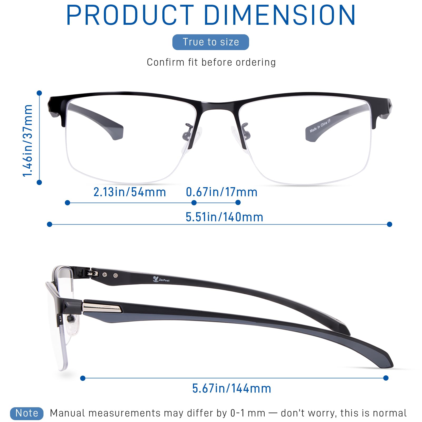 ZERPEET bifocal glasses side profile highlighting lightweight, durable frame for all-day wear.