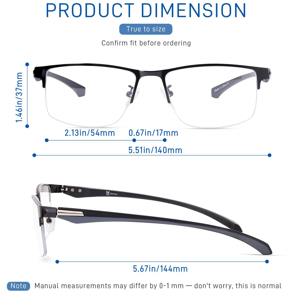 ZERPEET bifocal glasses side profile highlighting lightweight, durable frame for all-day wear.