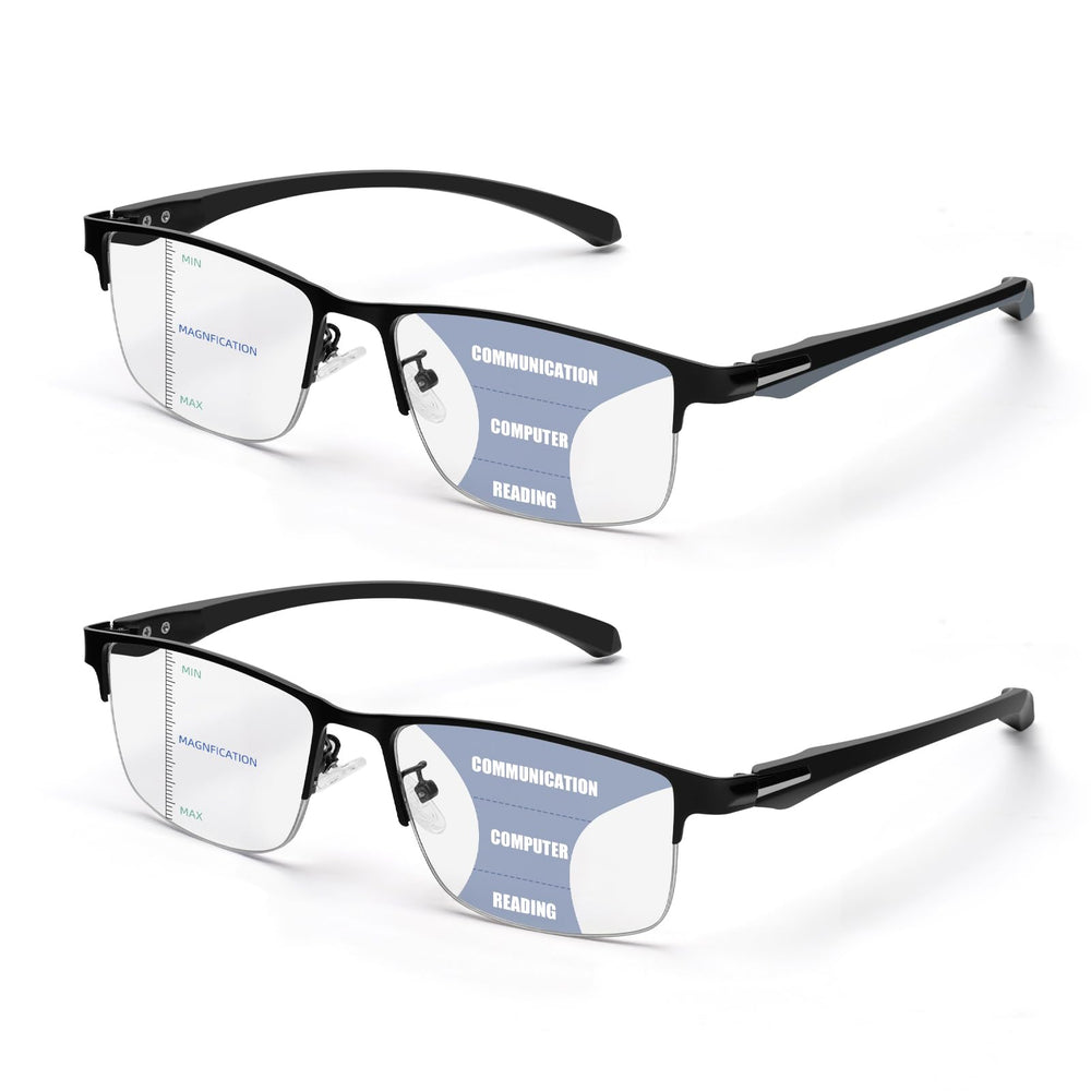 ZERPEET progressive glasses with a half-rim front provide versatile vision for social, work, and reading.