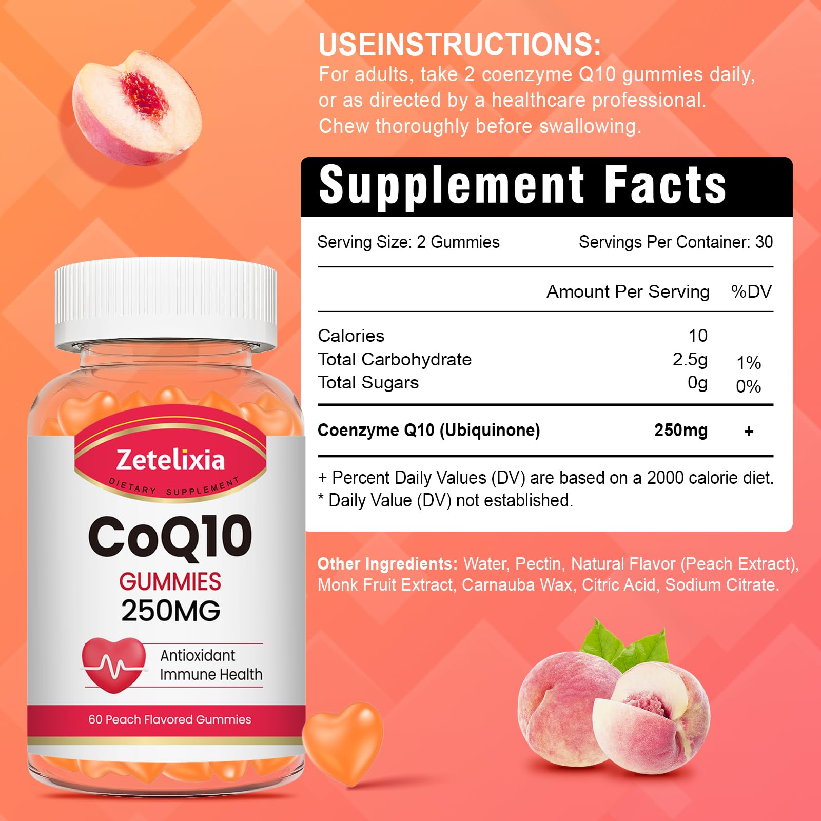 Closeup of Zetelixia CoQ10 Gummies showing peach flavor and texture
