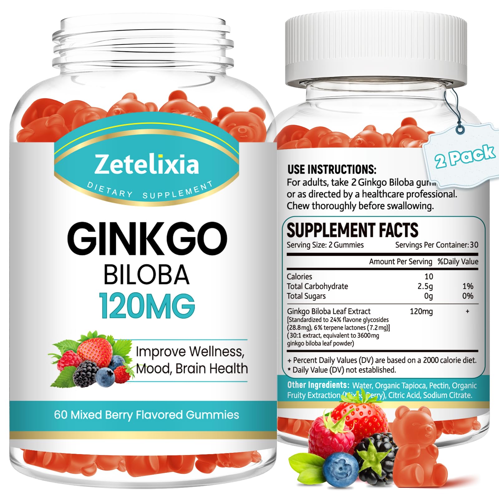 Zetelixia Ginkgo Biloba Gummies bottle showing mixed berry flavor and antioxidant support