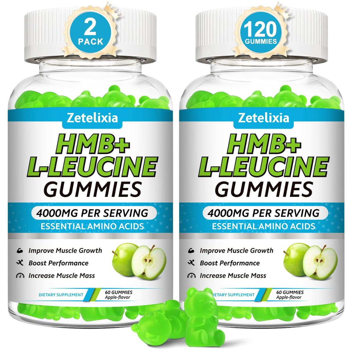 Zetelixia HMB and Leucine gummies bottle with green apple flavor for daily recovery.