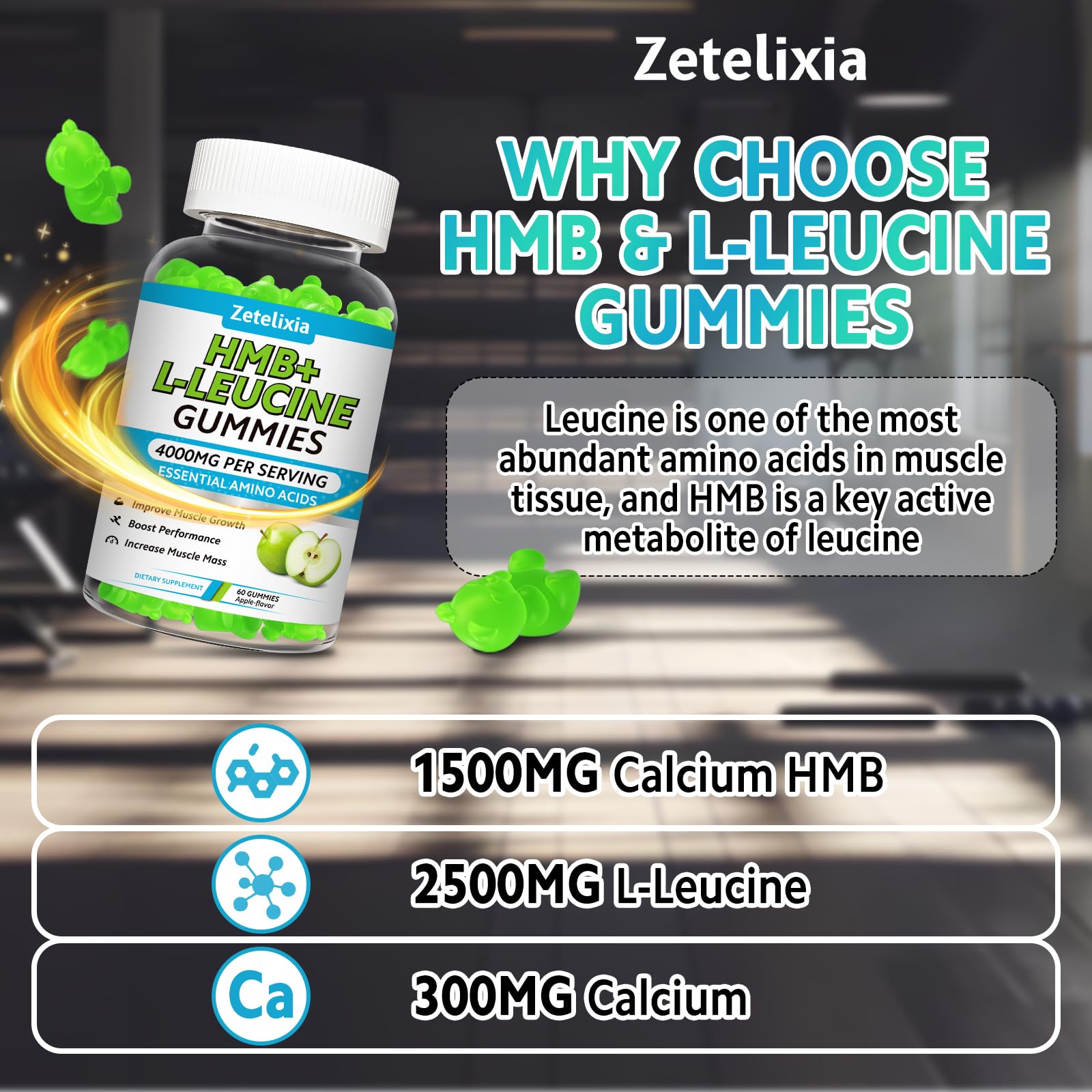 Serving shown with 1500mg HMB and 2500mg Leucine per serving.