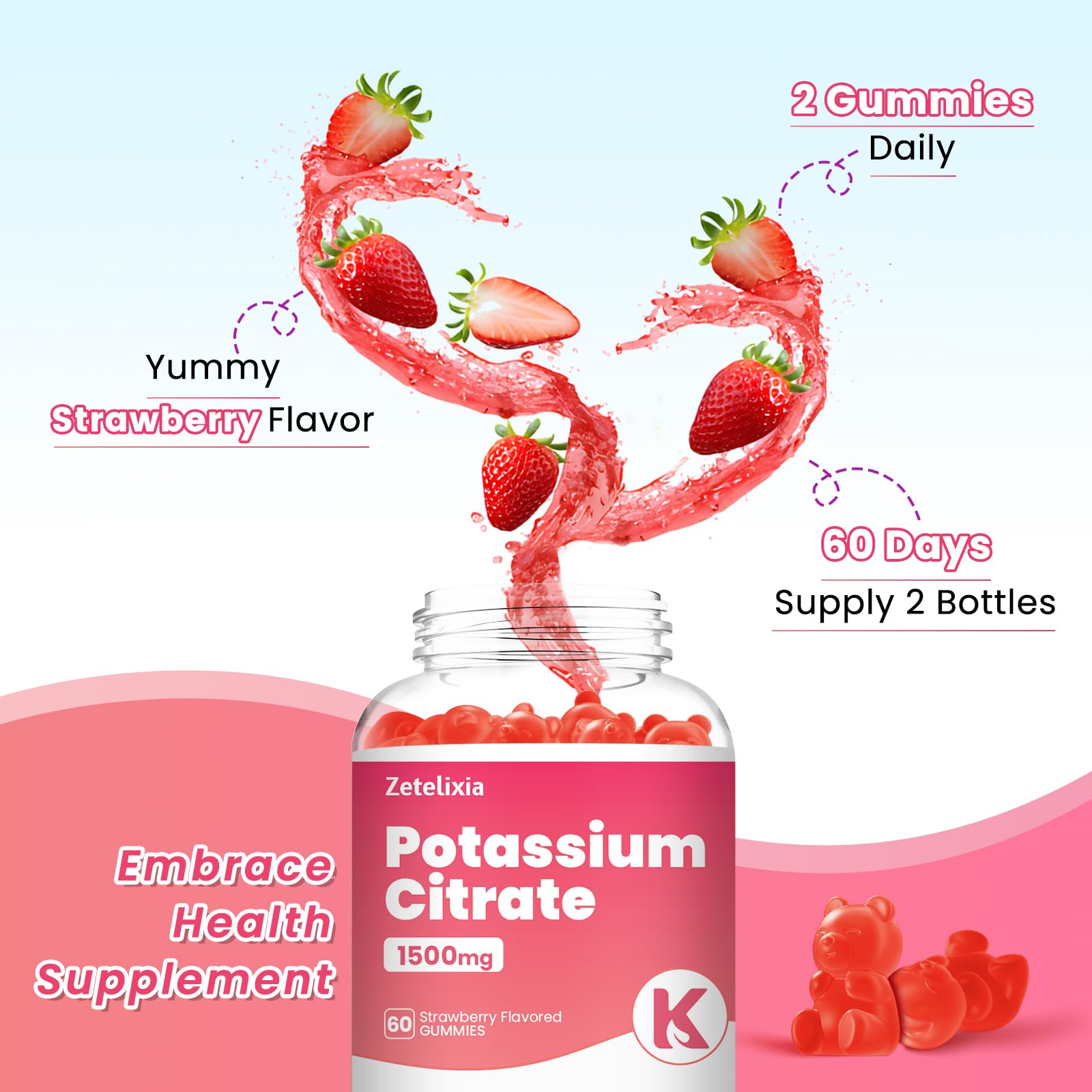 Zetelixia Potassium Gummies organic-vegan-label emphasizing clean ingredients.