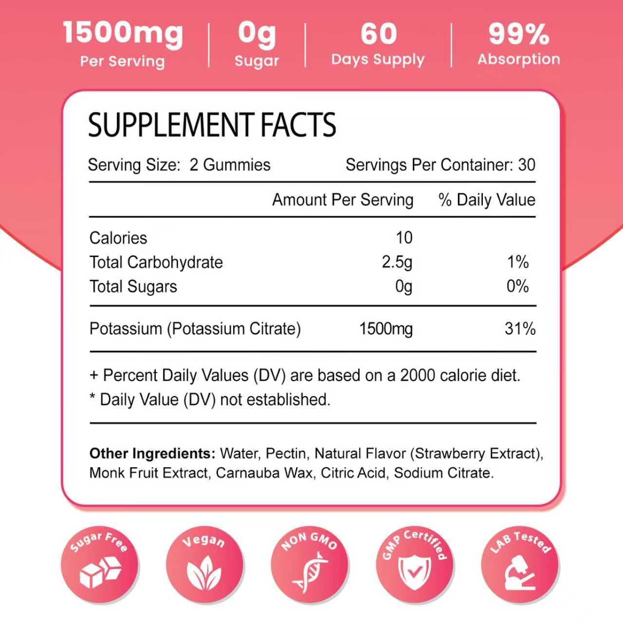 Zetelixia Potassium Gummies strawberry bottle-back showing label with organic vegan claim.