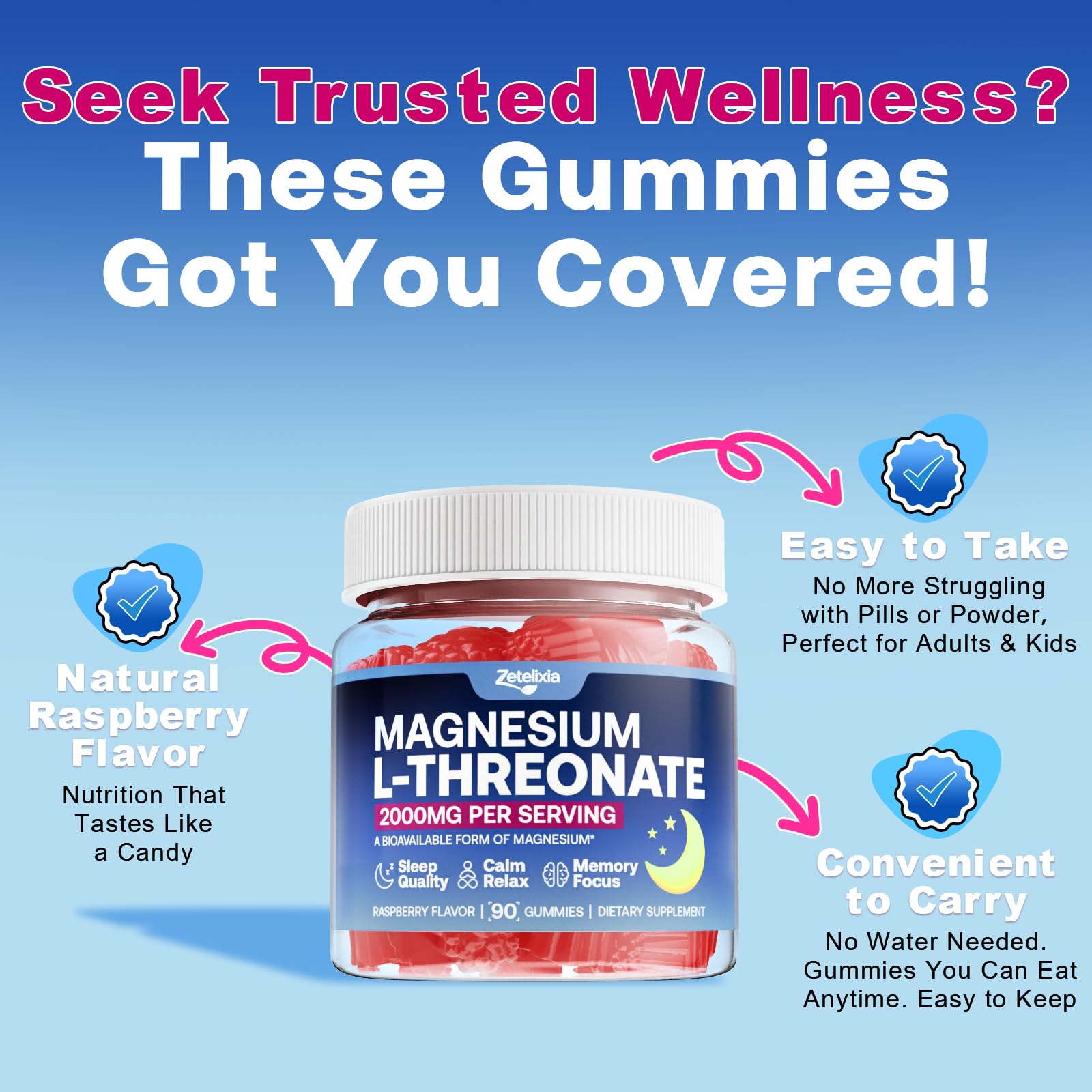 Zetelixia raspberry gummies on a tray suggesting focus and restful sleep benefits