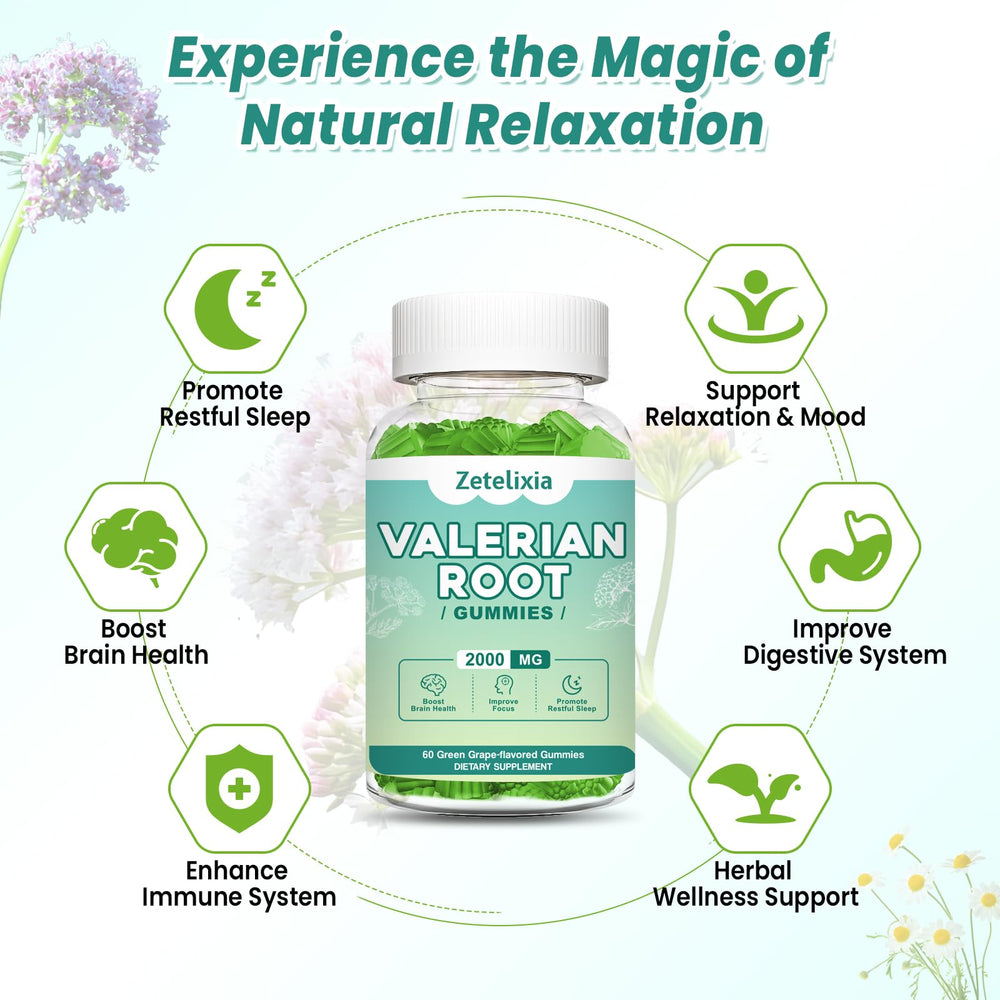 Zetelixia valerian gummies bottle-label highlights natural relaxation without melatonin.