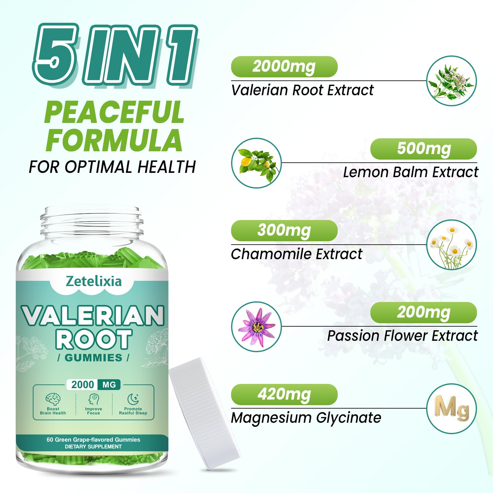 Zetelixia valerian gummies ingredients-panel lists valerian, magnesium, lemon balm.