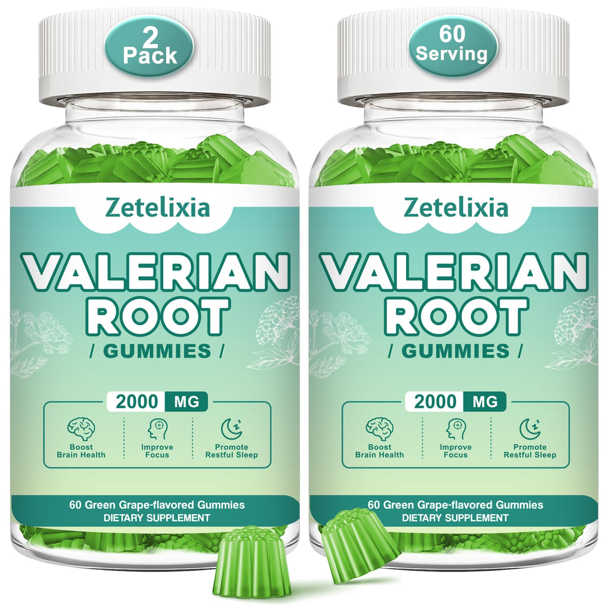 Zetelixia valerian gummies pack-front signals vegan, non-GMO calm support.