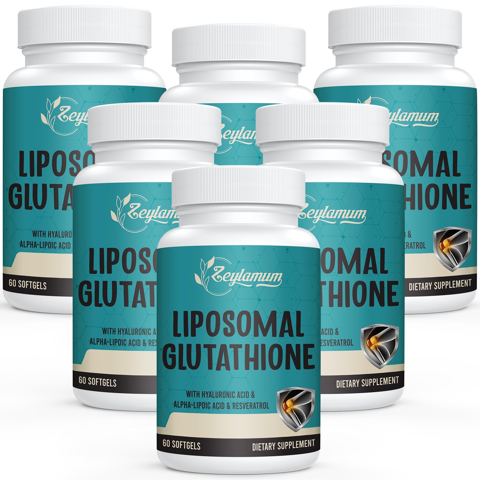 Zeylamum 2400mg liposomal glutathione softgels bottle on shelf for antioxidant support.