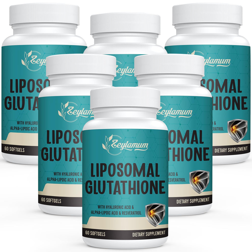 Zeylamum 2400mg liposomal glutathione softgels bottle on shelf for antioxidant support.