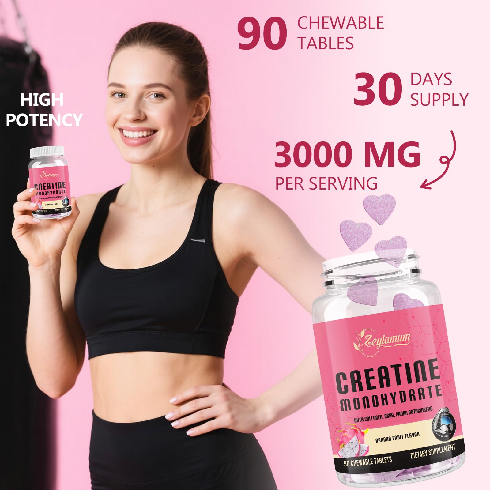 Vegan and sugar-free label on Zeylamum Creatine emphasizes purity for daily use.