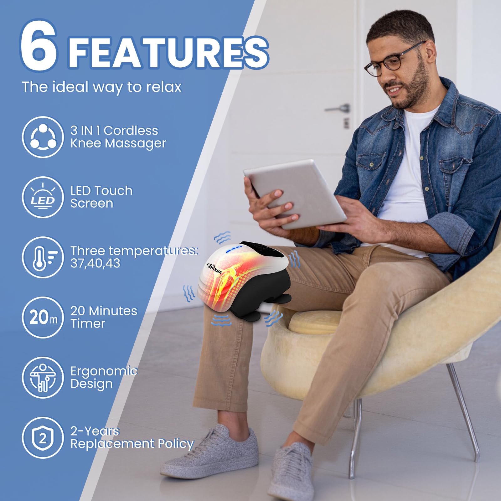 ZHIXJIA Knee Massager shows three vibration modes for customizable comfort.