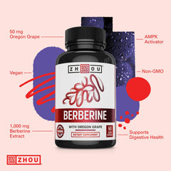 Zhou Berberine ingredient list close-up highlighting Oregon grape and Berberine root
