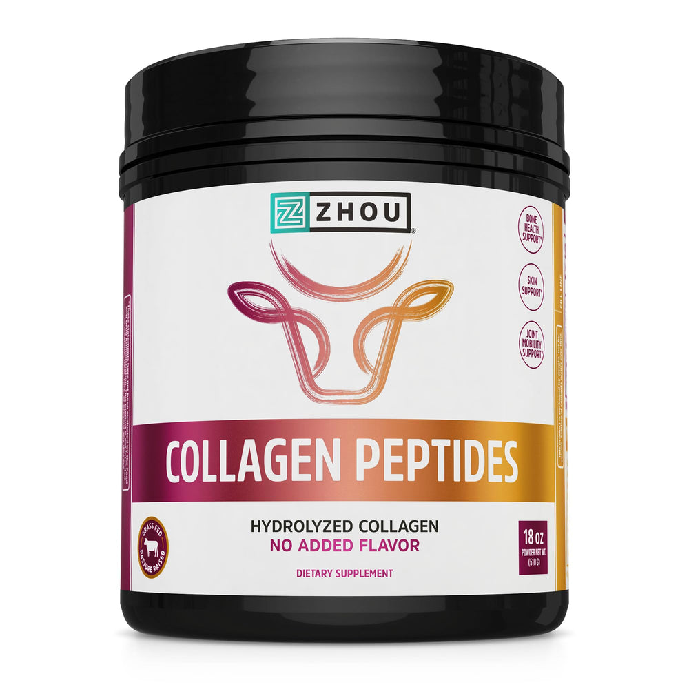 ZHOU Collagen Peptides bottle shows grass-fed origin and unflavored powder for versatile use.