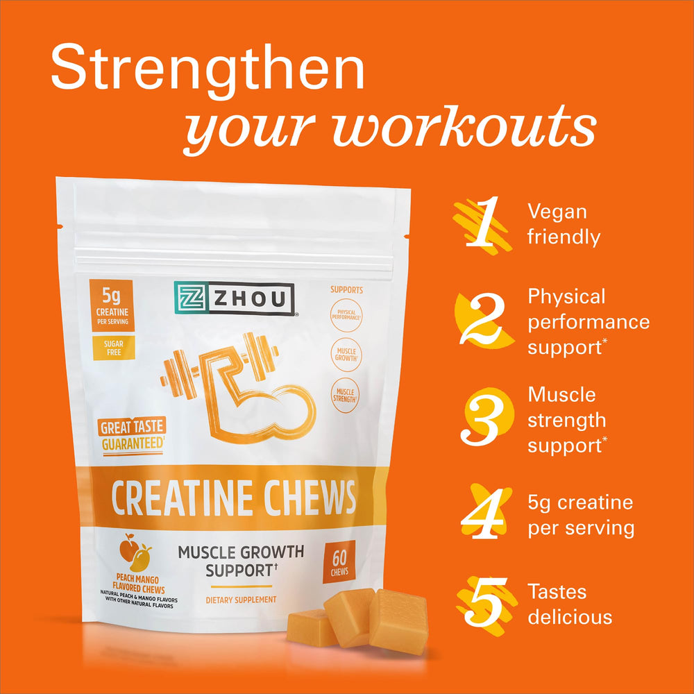 ZHOU Creatine Chews peach mango chews on a tray conveying flavor and convenience