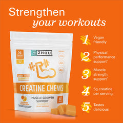 ZHOU Creatine Chews peach mango chews on a tray conveying flavor and convenience