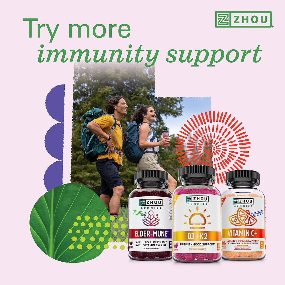 Zhou D3+K2 bottle beside water suggests easy daily dosing.