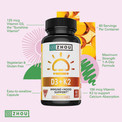 Zhou D3+K2 packaging on shelf communicates vegan wellness.
