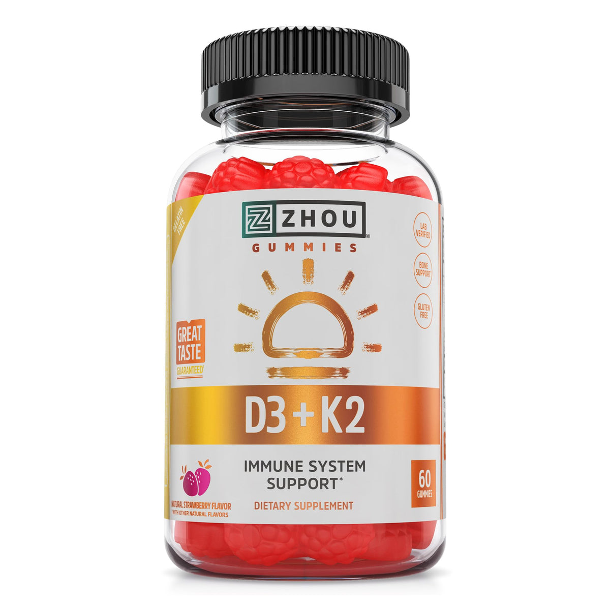 ZHOU D3+K2 gummies bottle highlighting immunity support for daily routine