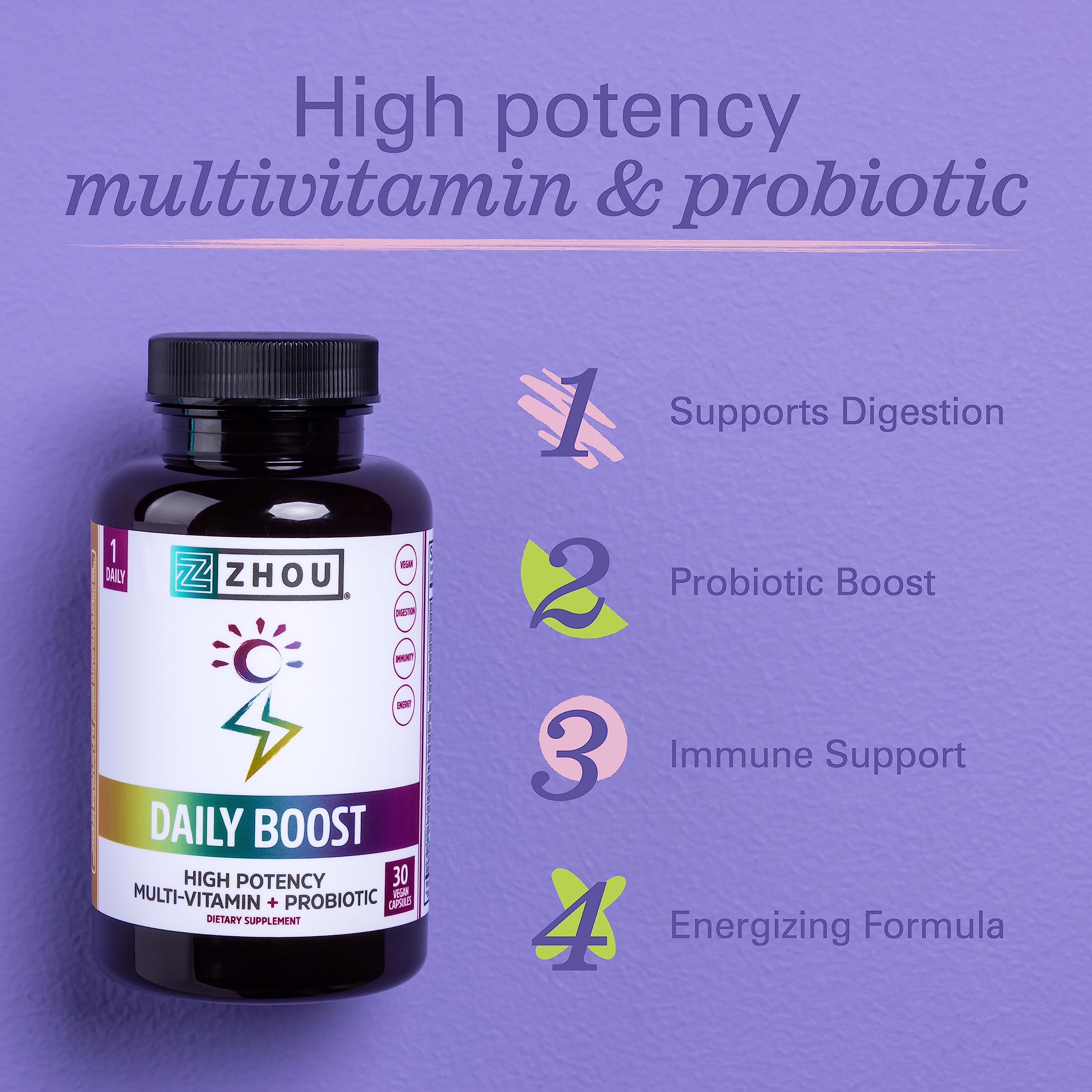 Pouring Zhou Daily Boost bottle showing convenient daily capsule.