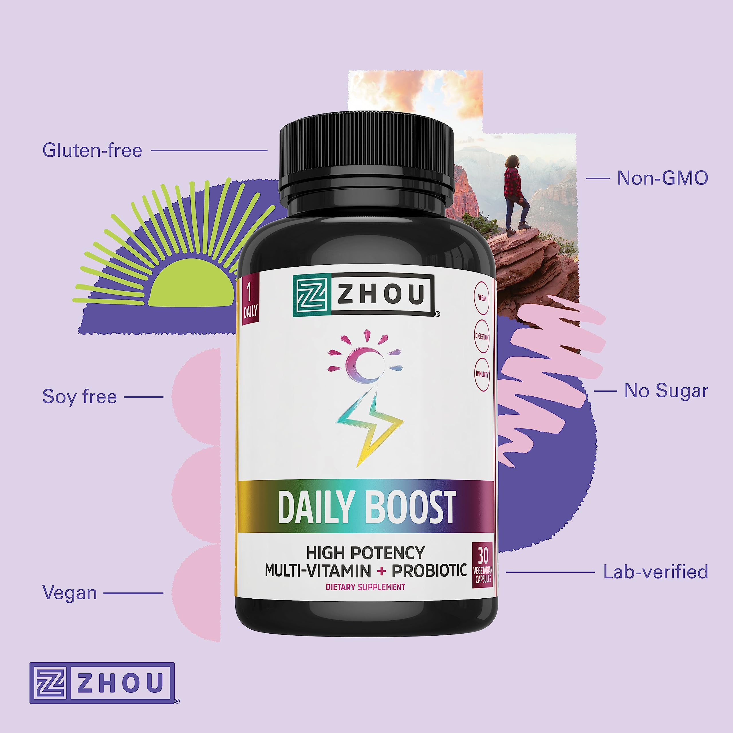 Front label of Zhou Daily Boost emphasizing vitamins and zinc.