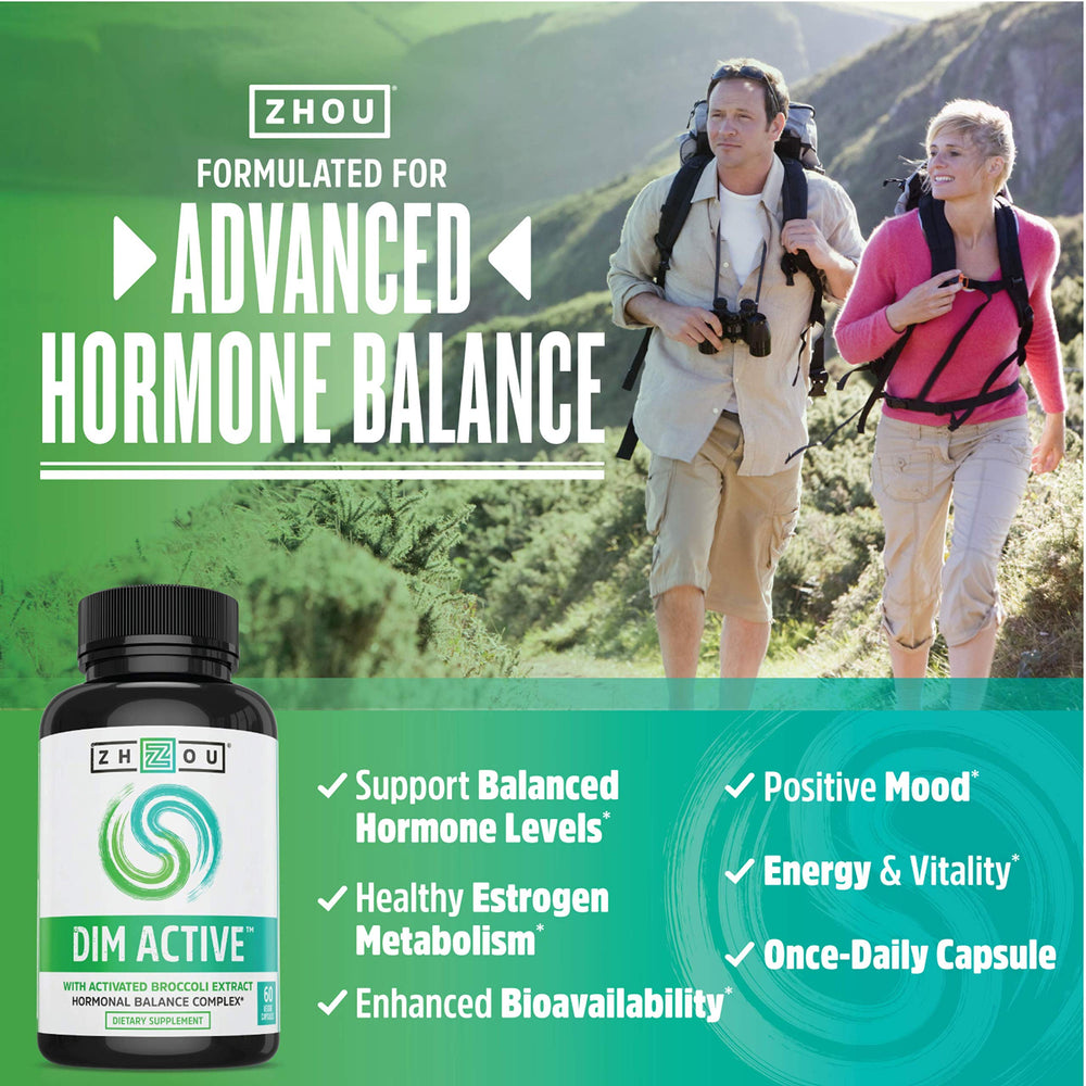 Closeup of Zhou DIM Active capsules highlighting vegan formula and DIM content.