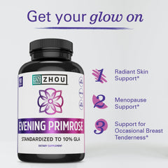 Zhou Evening Primrose Oil label closeup showing 10% GLA content
