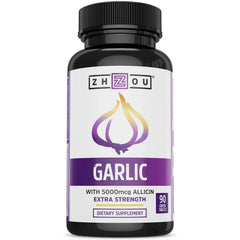Zhou Garlic with Allicin bottle front showing odorless capsules for immune support