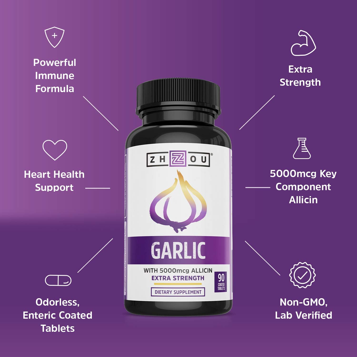 Zhou Garlic with Allicin bottle side view in kitchen setting