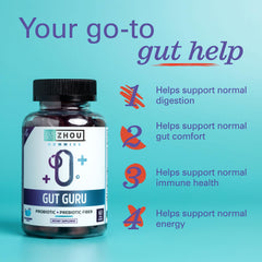 Zhou Gut Guru gummy closeup highlighting texture and probiotic benefits for gut health.