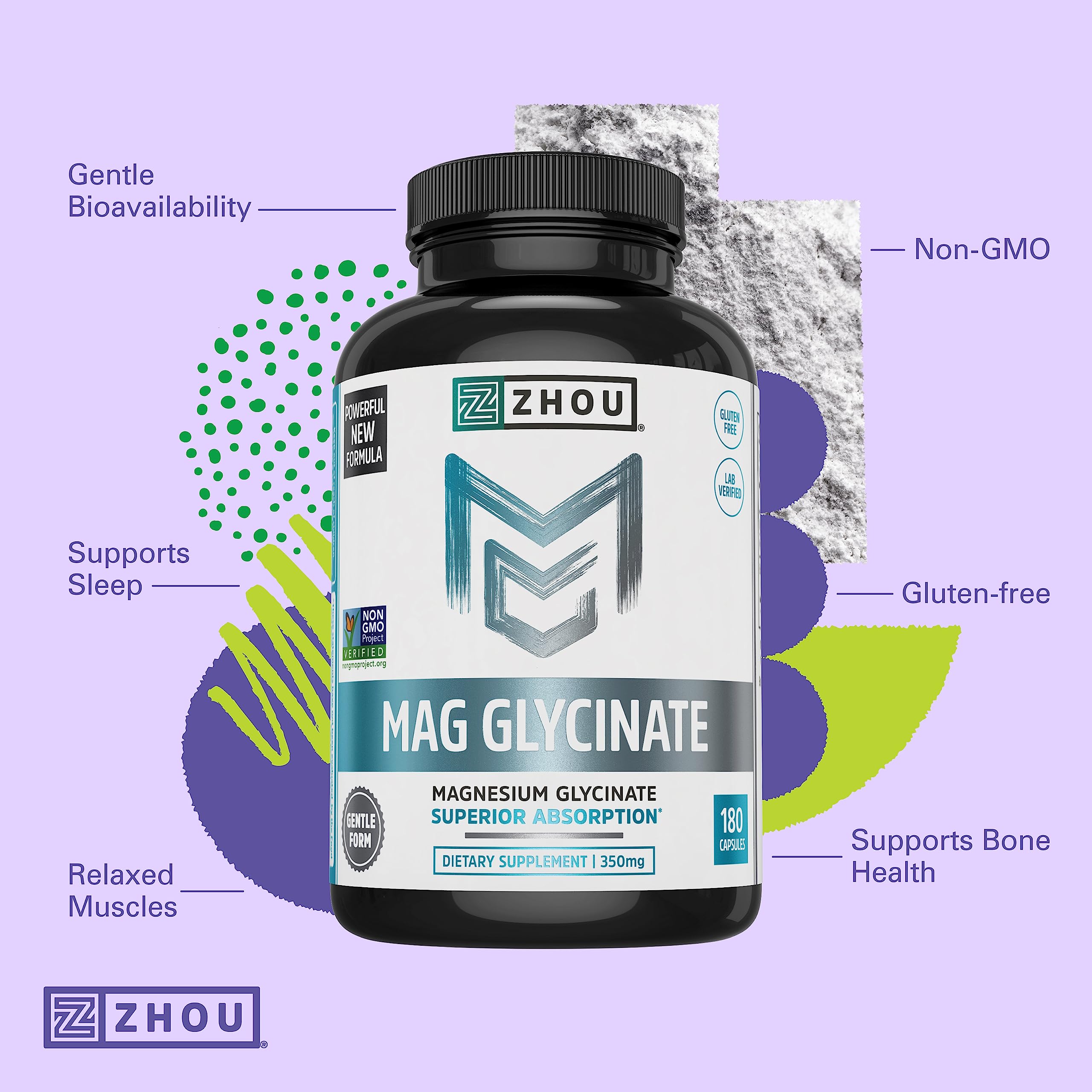 Zhou Magnesium Glycinate label closeup communicates vegan, non-GMO, gluten-free purity.