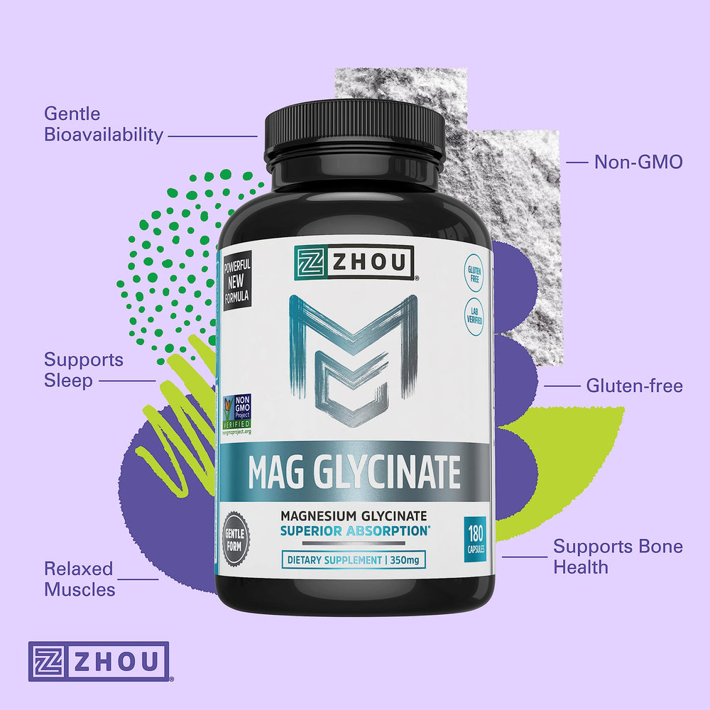 Zhou Magnesium Glycinate label closeup communicates vegan, non-GMO, gluten-free purity.